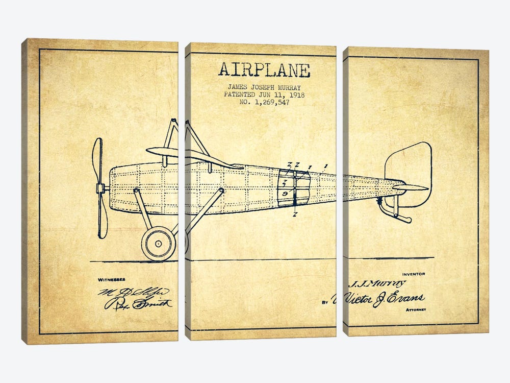 Airplane Vintage Patent Blueprint by Aged Pixel 3-piece Canvas Print