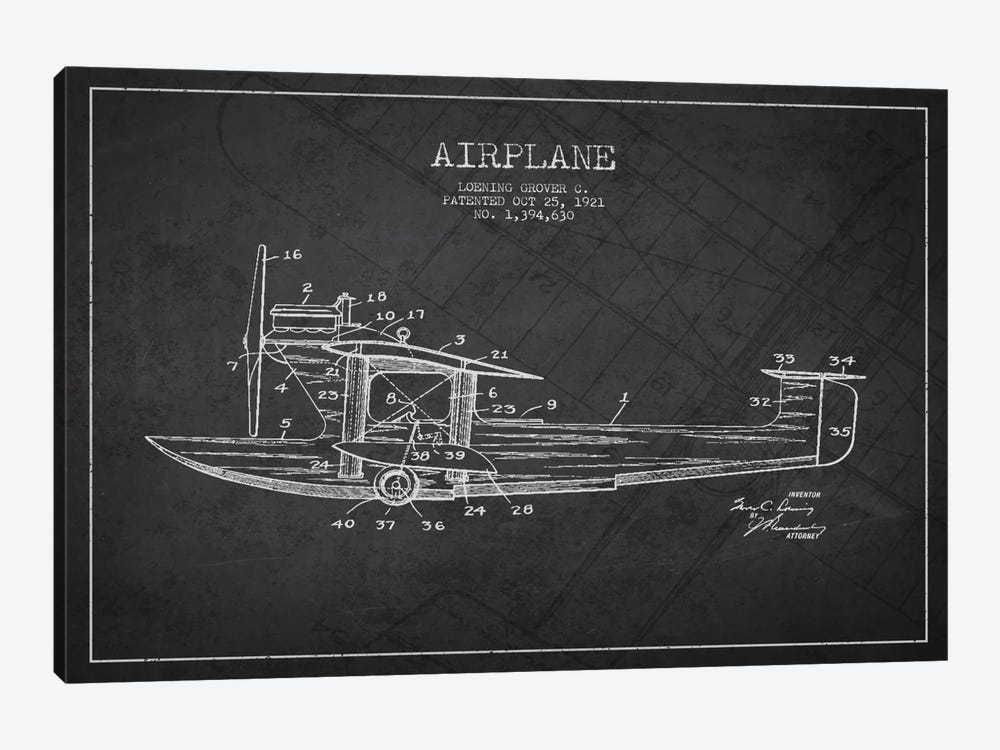 Airplane Charcoal Patent Blueprint by Aged Pixel 1-piece Canvas Wall Art