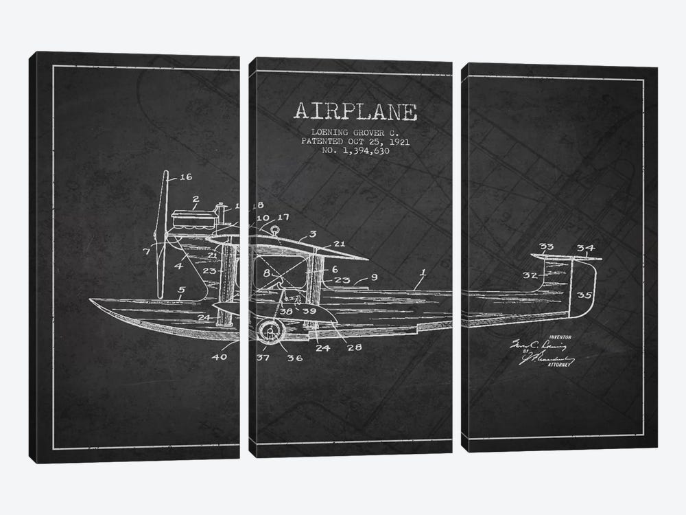 Airplane Charcoal Patent Blueprint by Aged Pixel 3-piece Canvas Wall Art