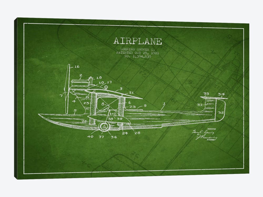 Airplane Green Patent Blueprint by Aged Pixel 1-piece Canvas Print