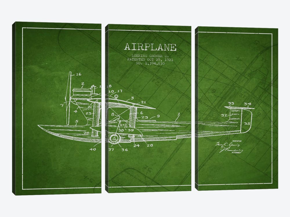 Airplane Green Patent Blueprint by Aged Pixel 3-piece Canvas Print