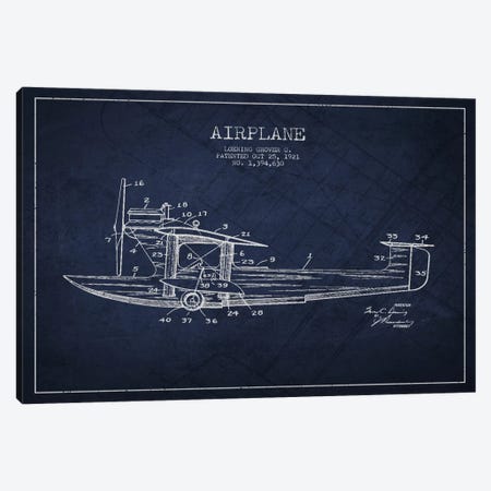 Airplane Navy Blue Patent Blueprint Canvas Print #ADP2317} by Aged Pixel Art Print