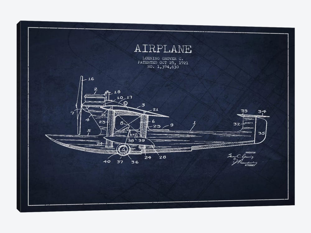 Airplane Navy Blue Patent Blueprint by Aged Pixel 1-piece Canvas Wall Art