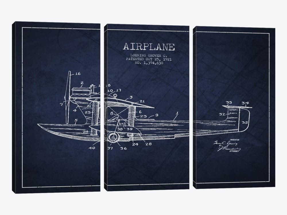Airplane Navy Blue Patent Blueprint by Aged Pixel 3-piece Canvas Art