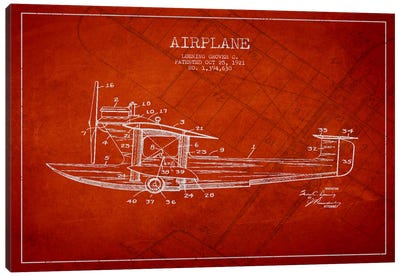 Airplane Red Patent Blueprint Canvas Art Print - Aviation Blueprints