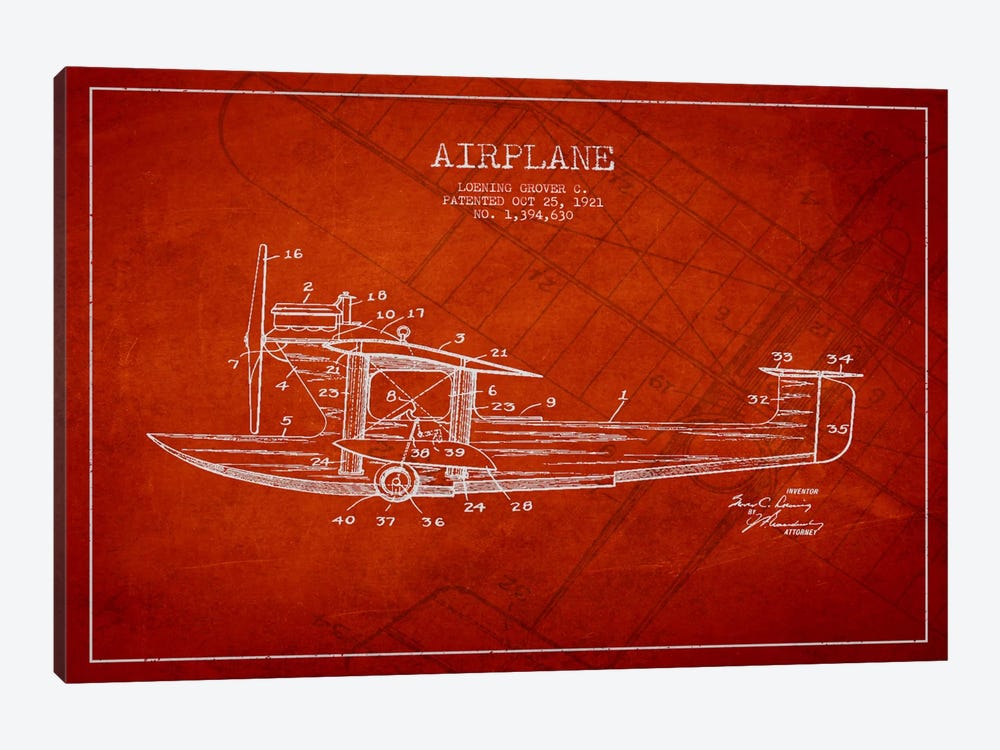 Airplane Red Patent Blueprint by Aged Pixel 1-piece Canvas Art Print
