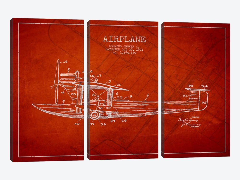 Airplane Red Patent Blueprint by Aged Pixel 3-piece Canvas Art Print