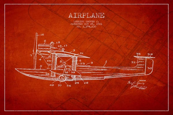 Aviation Blueprints: Airplane Red Patent Blueprint III by Aged Pixel