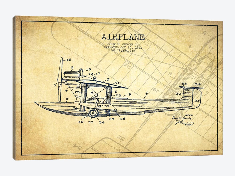 Airplane Vintage Patent Blueprint by Aged Pixel 1-piece Canvas Artwork