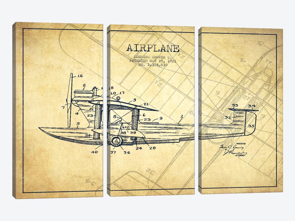 Airplane Vintage Patent Blueprint by Aged Pixel 3-piece Canvas Artwork