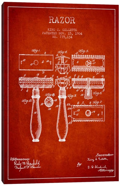 Razor Red Patent Blueprint Canvas Art Print - Bathroom Blueprints