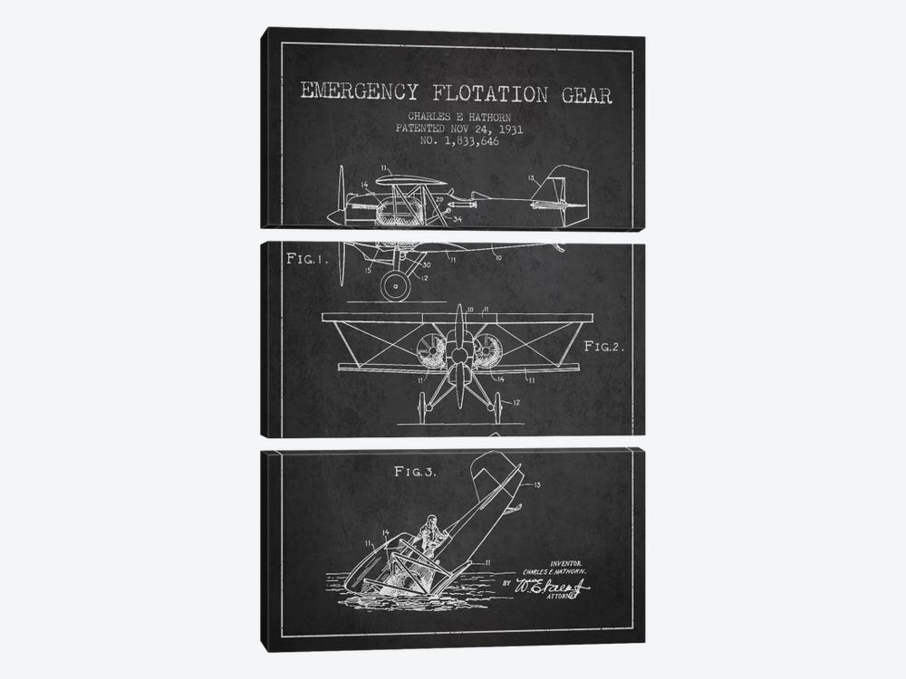 Float Plane Charcoal Patent Blueprint by Aged Pixel 3-piece Canvas Art