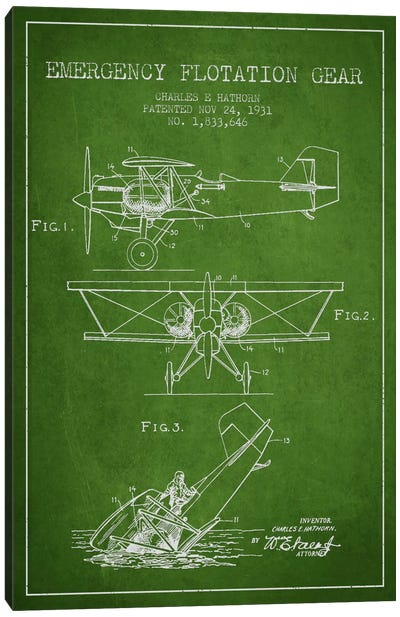 Float Plane Green Patent Blueprint Canvas Art Print - Aviation Blueprints