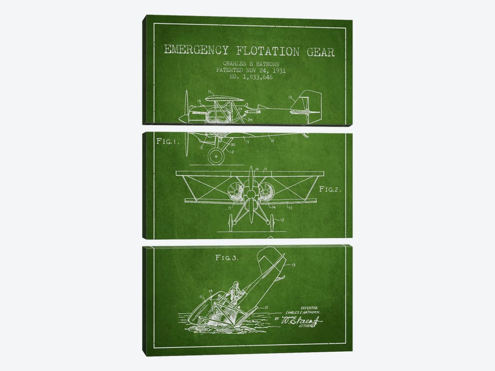 Float Plane Green Patent Blueprint by Aged Pixel 3-piece Canvas Print