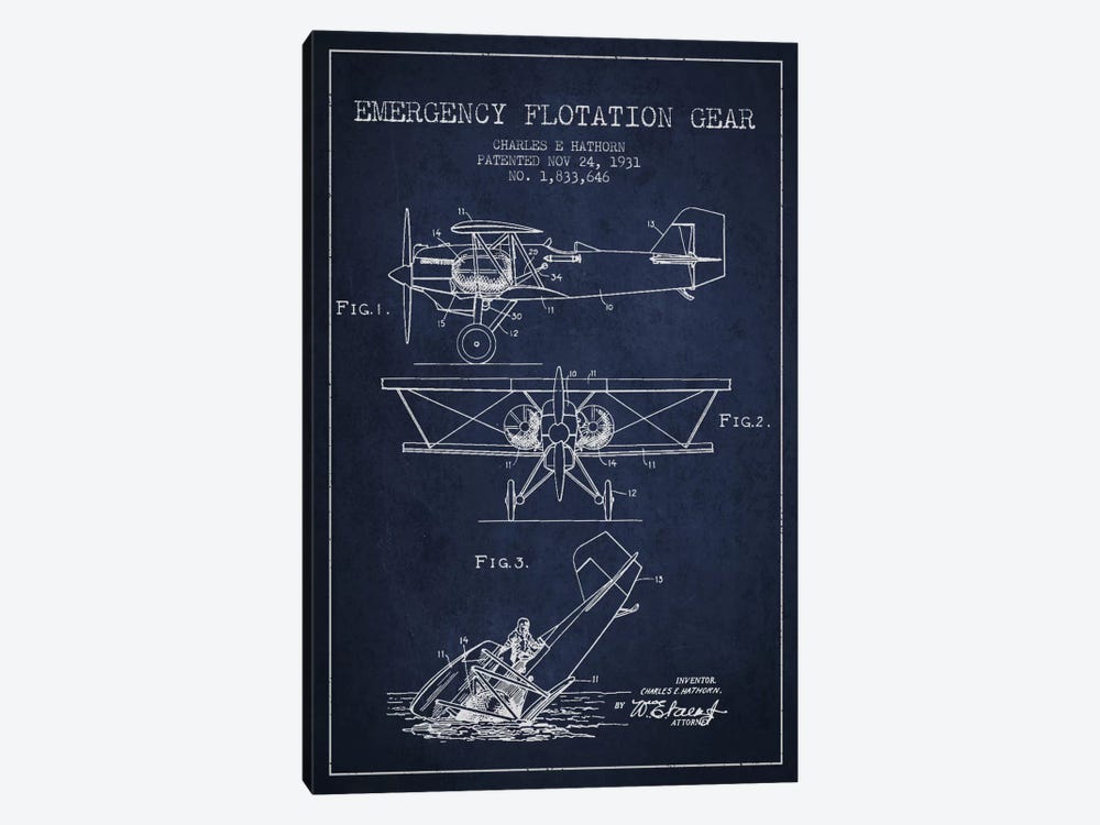 Float Plane Navy Blue Patent Blueprint by Aged Pixel 1-piece Canvas Art