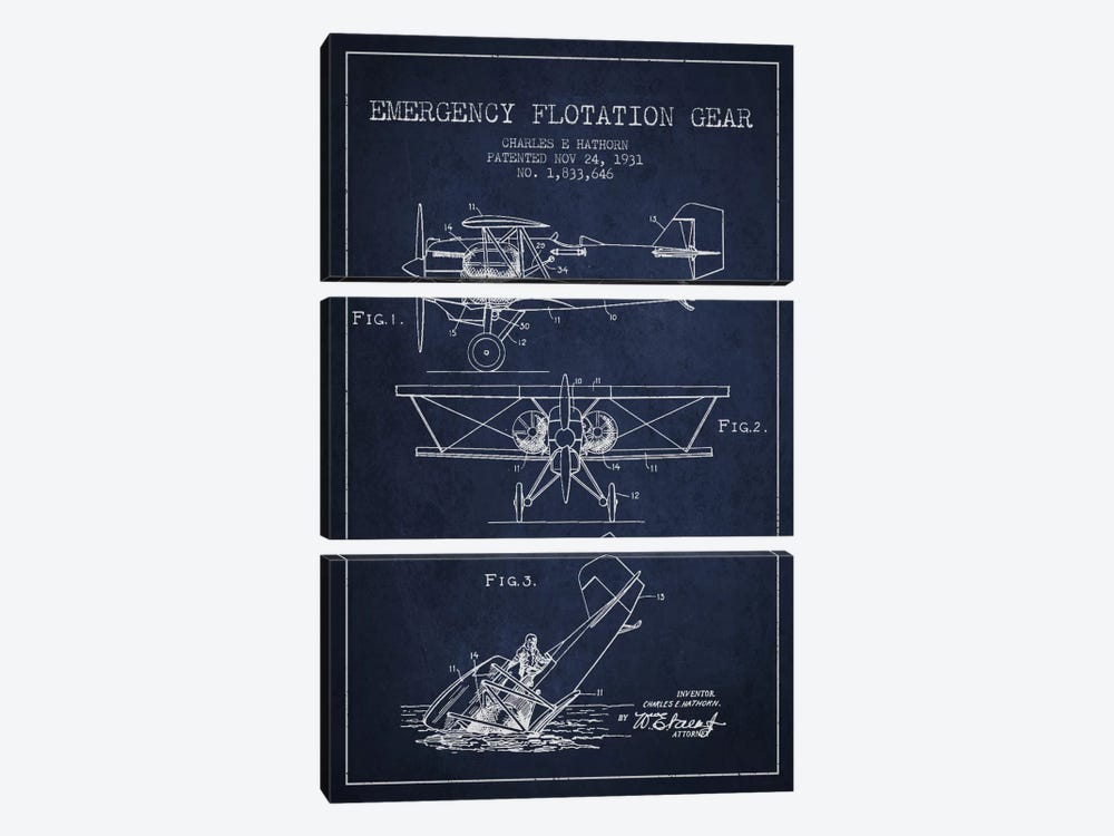 Float Plane Navy Blue Patent Blueprint by Aged Pixel 3-piece Canvas Wall Art