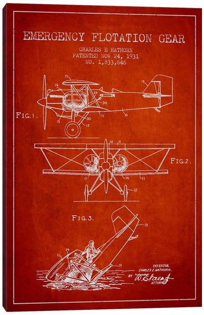 Float Plane Red Patent Blueprint Canvas Art Print - Aged Pixel: Aviation