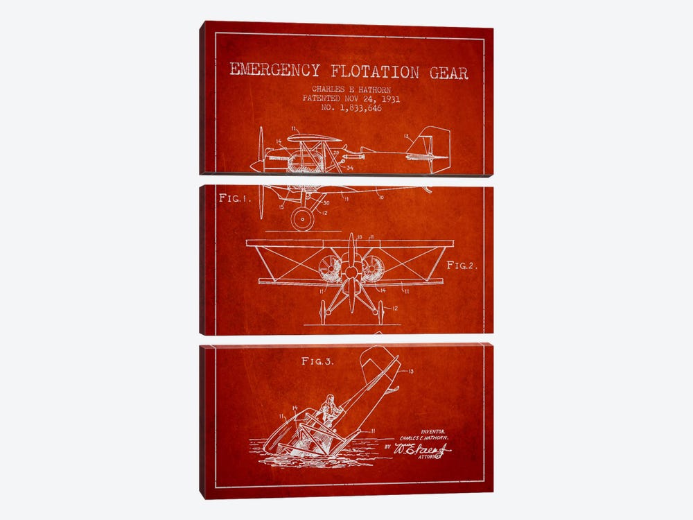 Float Plane Red Patent Blueprint by Aged Pixel 3-piece Canvas Art Print
