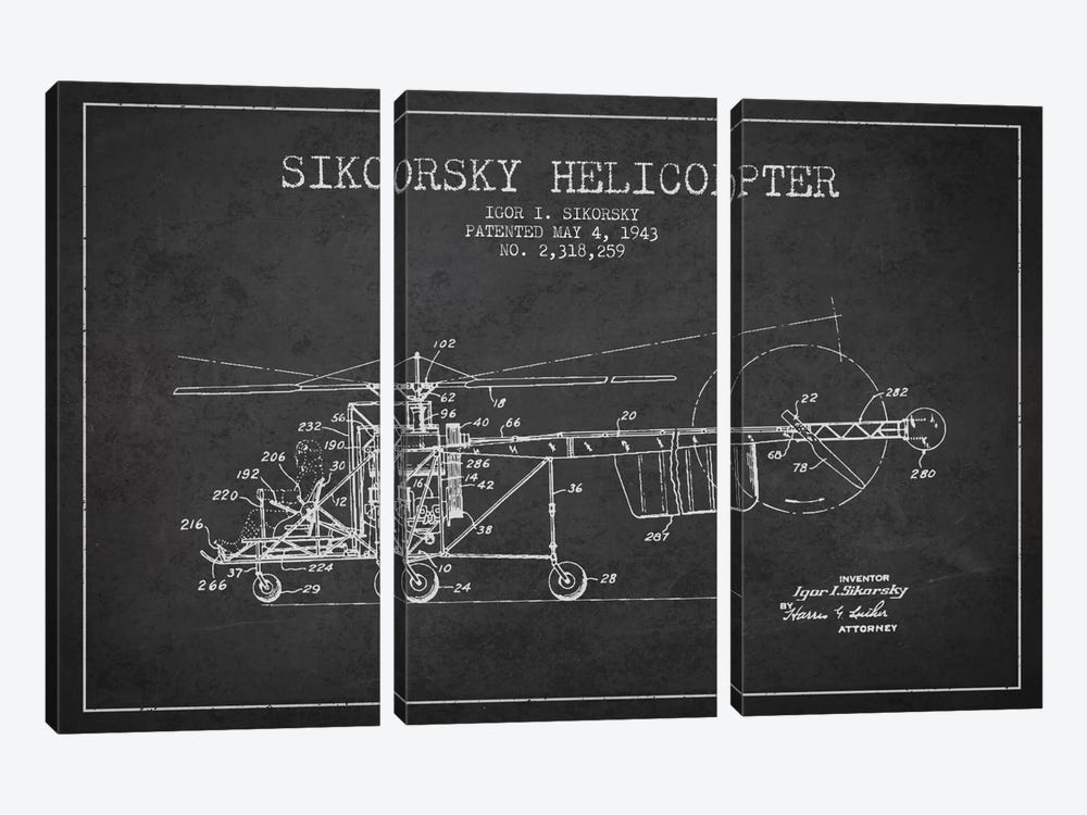 Helicopter Charcoal Patent Blueprint by Aged Pixel 3-piece Canvas Art Print