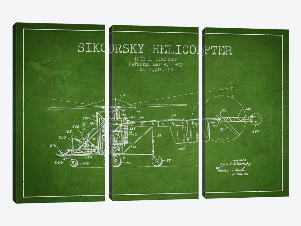 Helicopter Green Patent Blueprint by Aged Pixel 3-piece Canvas Wall Art