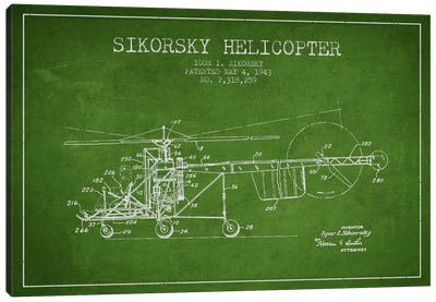 Helicopter Green Patent Blueprint Canvas Art Print - Military Aircraft Art