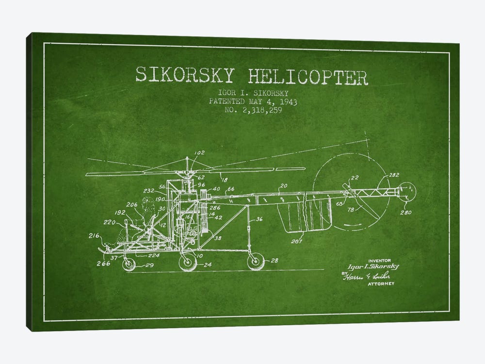 Helicopter Green Patent Blueprint by Aged Pixel 1-piece Canvas Art