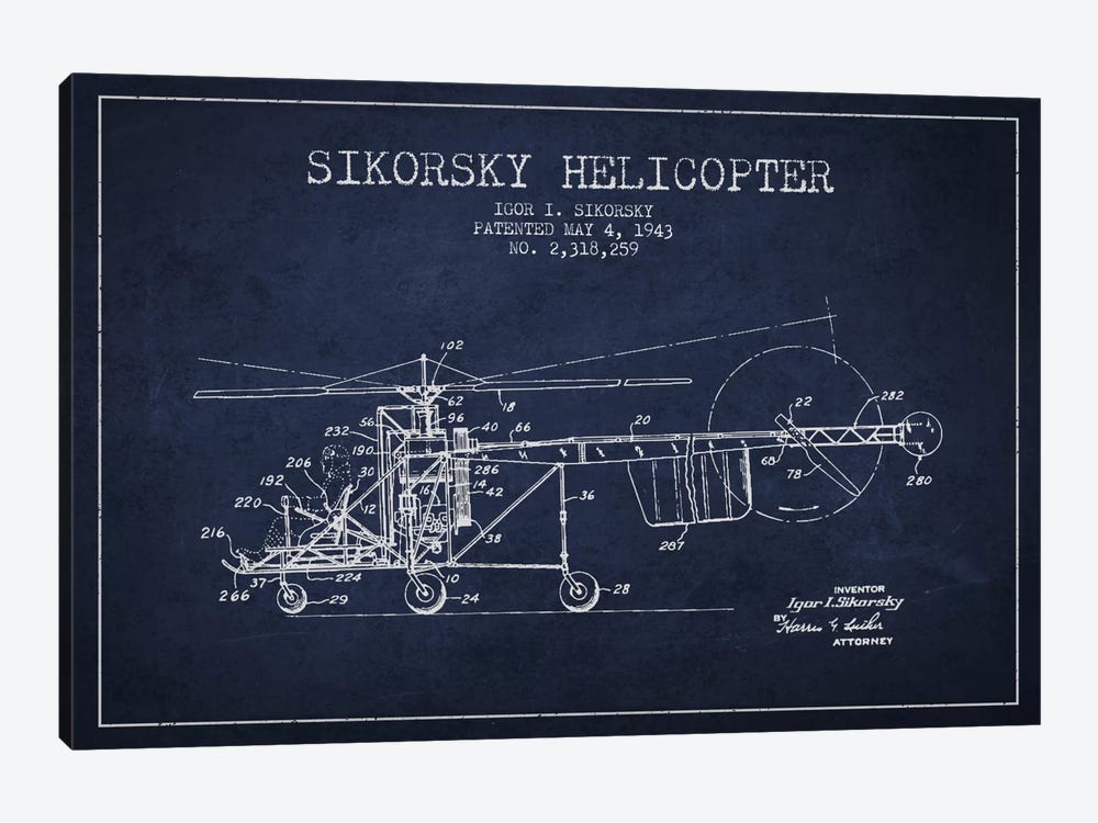 Helicopter Navy Blue Patent Blueprint by Aged Pixel 1-piece Canvas Art Print