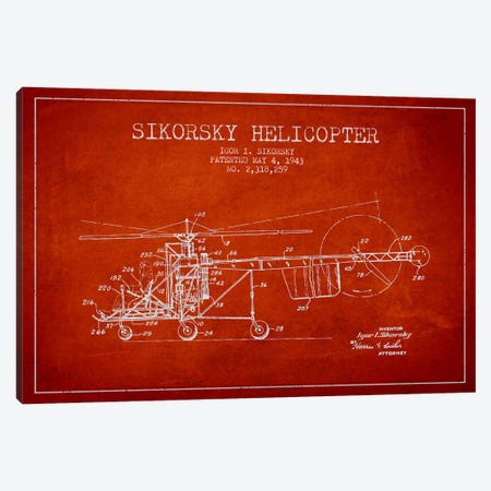 Helicopter Red Patent Blueprint Canvas Print #ADP2328} by Aged Pixel Canvas Art Print