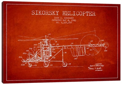 Helicopter Red Patent Blueprint Canvas Art Print - Aged Pixel: Aviation
