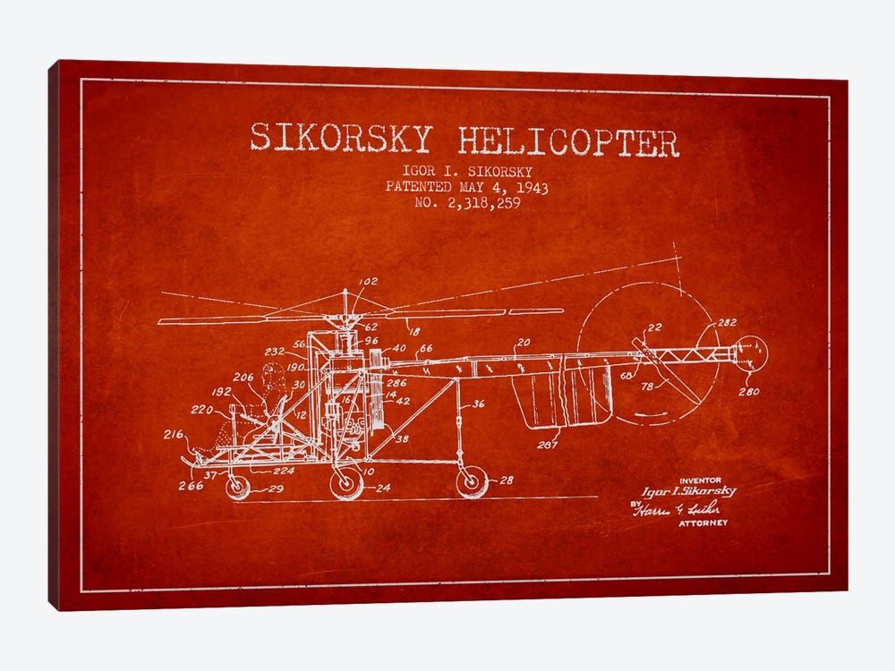 Helicopter Red Patent Blueprint by Aged Pixel 1-piece Canvas Art