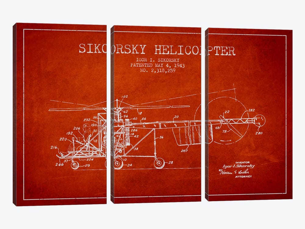 Helicopter Red Patent Blueprint 3-piece Canvas Wall Art
