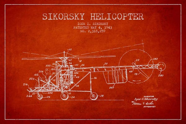 Helicopters: Helicopter Red Patent Blueprint by Aged Pixel