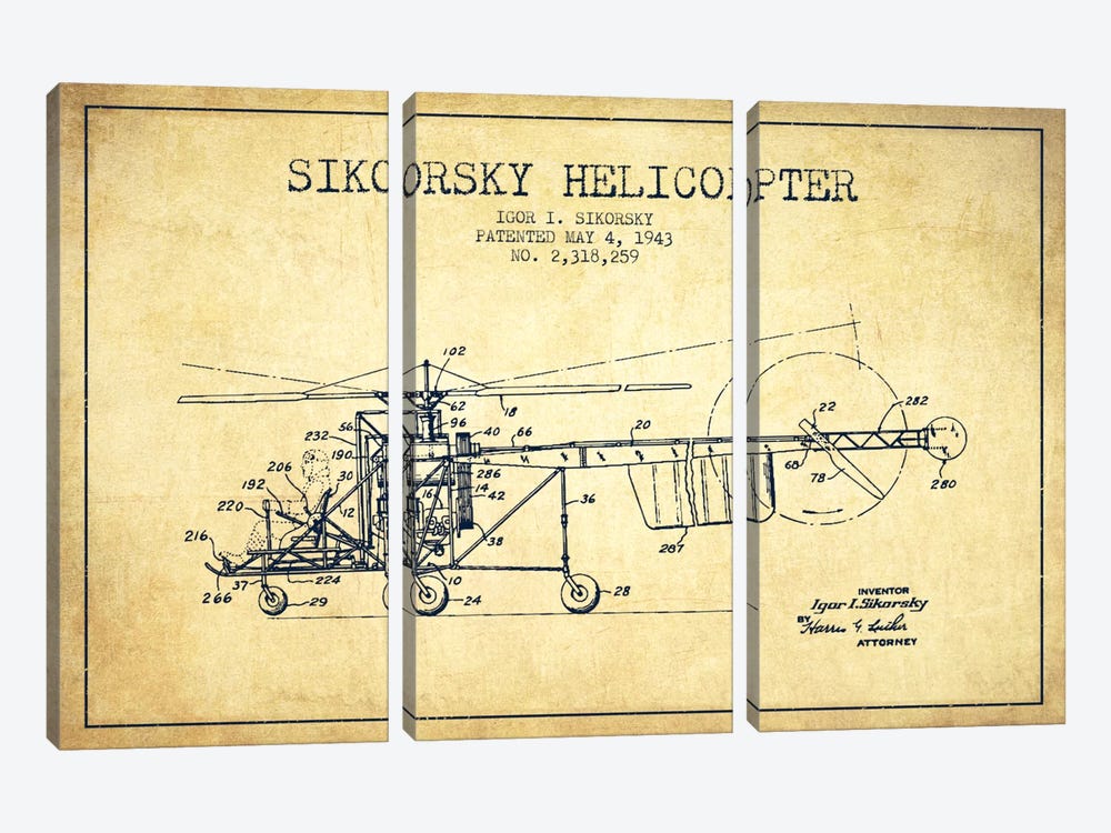Helicopter Vintage Patent Blueprint by Aged Pixel 3-piece Canvas Art Print