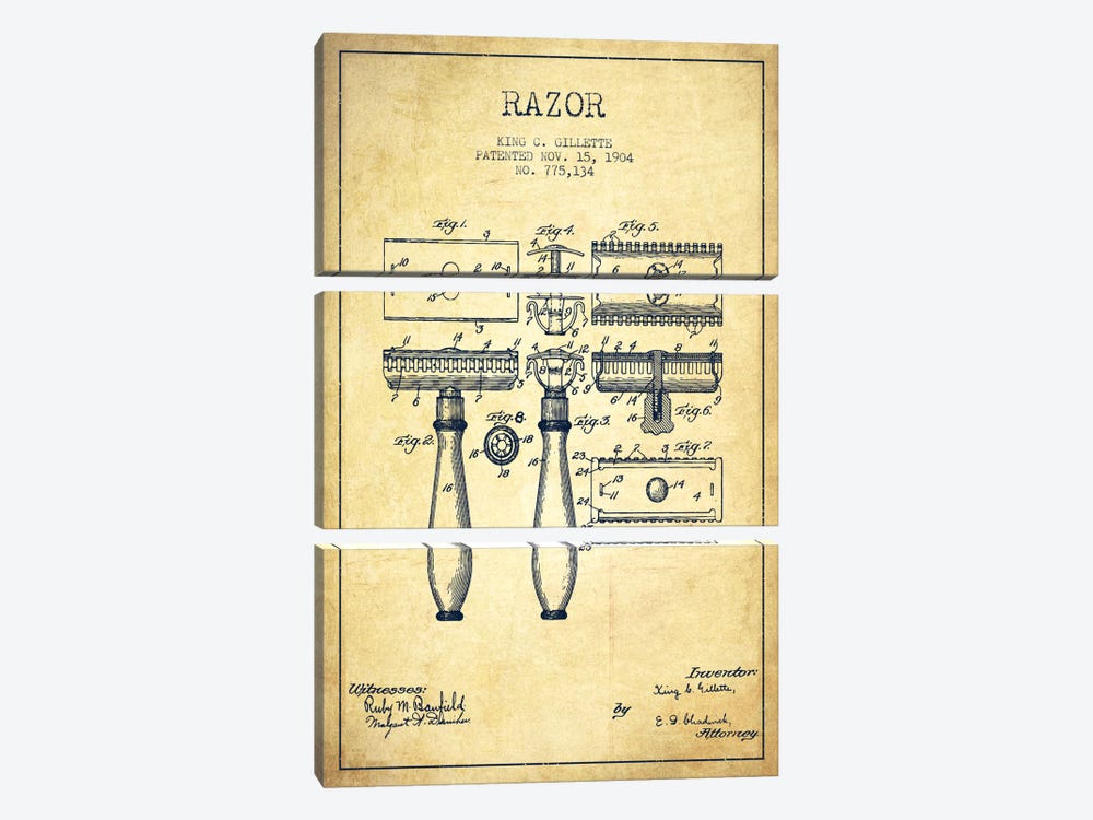 Razor Vintage Patent Blueprint by Aged Pixel 3-piece Canvas Art Print