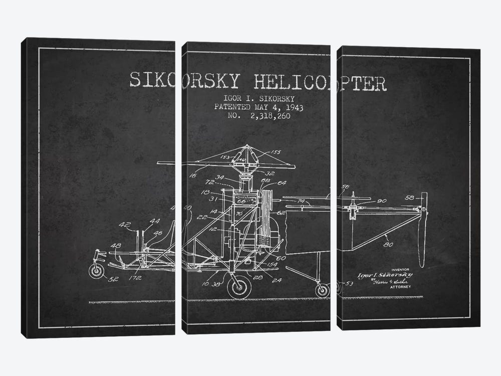 Helicopter Charcoal Patent Blueprint by Aged Pixel 3-piece Art Print