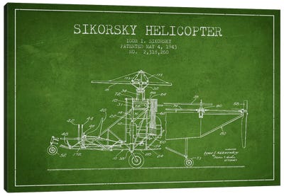 Helicopter Green Patent Blueprint Canvas Art Print - Aviation Blueprints