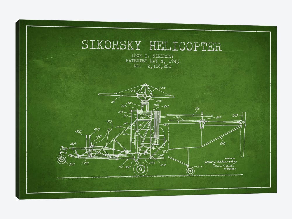 Helicopter Green Patent Blueprint by Aged Pixel 1-piece Canvas Artwork