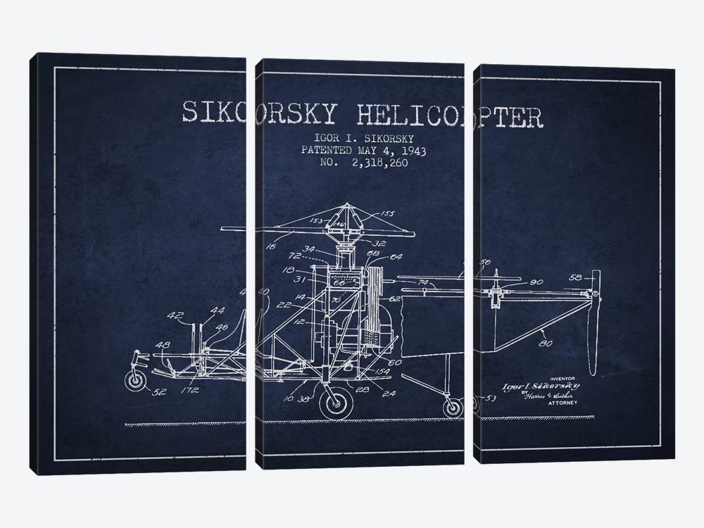 Helicopter Navy Blue Patent Blueprint by Aged Pixel 3-piece Art Print
