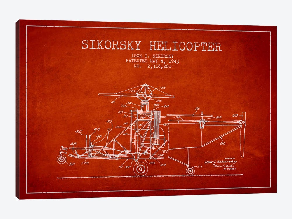 Helicopter Red Patent Blueprint by Aged Pixel 1-piece Canvas Artwork