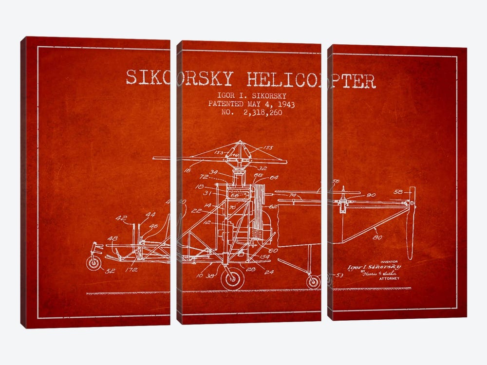 Helicopter Red Patent Blueprint by Aged Pixel 3-piece Canvas Art