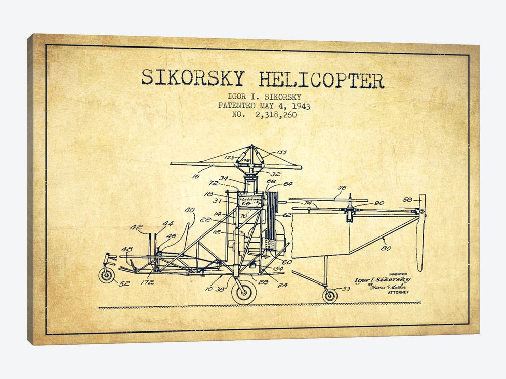 Helicopter Vintage Patent Blueprint by Aged Pixel 1-piece Canvas Print