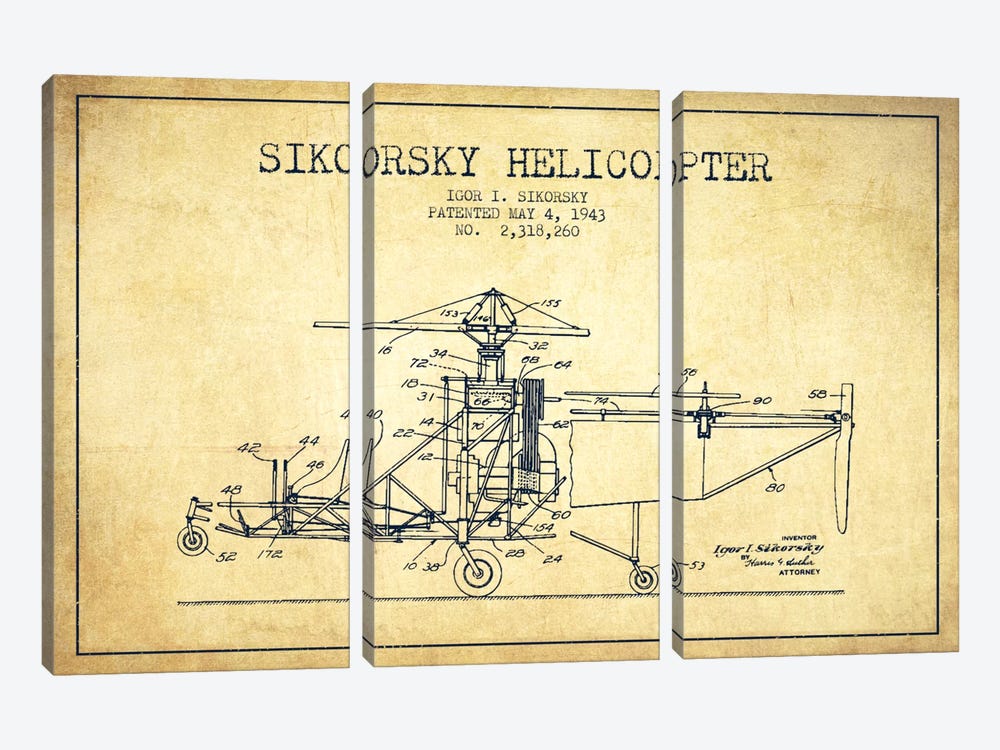 Helicopter Vintage Patent Blueprint by Aged Pixel 3-piece Canvas Print