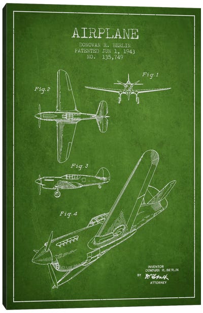 Plane Green Patent Blueprint Canvas Art Print - Aged Pixel: Aviation
