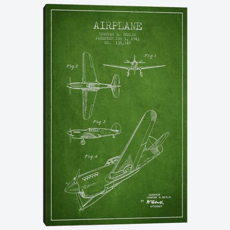 Plane Green Patent Blueprint Canvas Print #ADP2335} by Aged Pixel Art Print