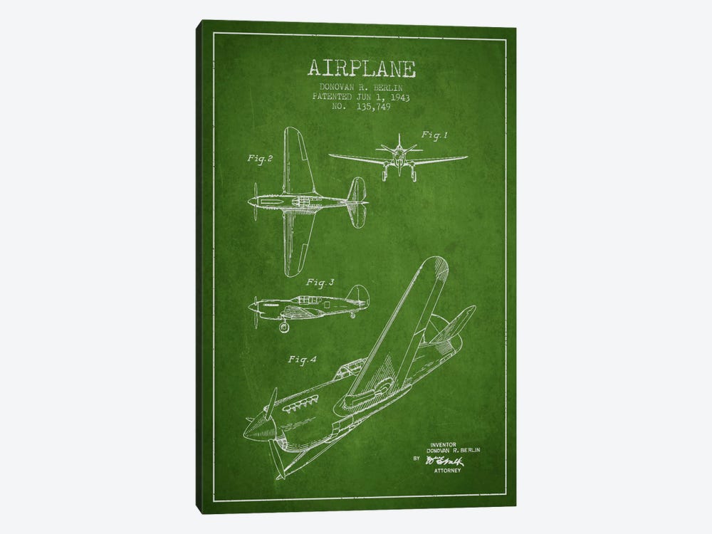 Plane Green Patent Blueprint by Aged Pixel 1-piece Canvas Wall Art
