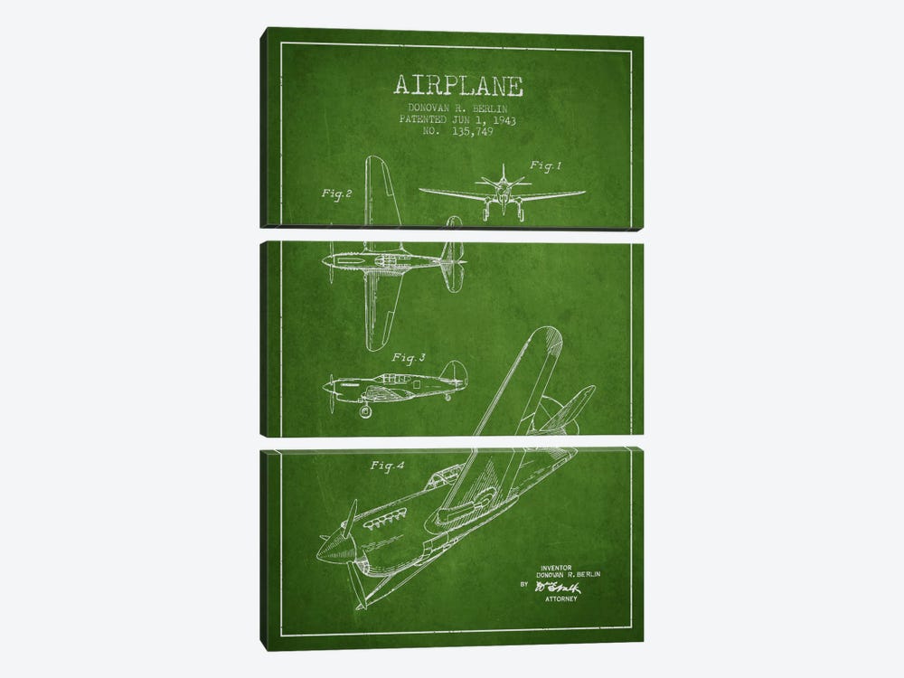 Plane Green Patent Blueprint by Aged Pixel 3-piece Canvas Artwork