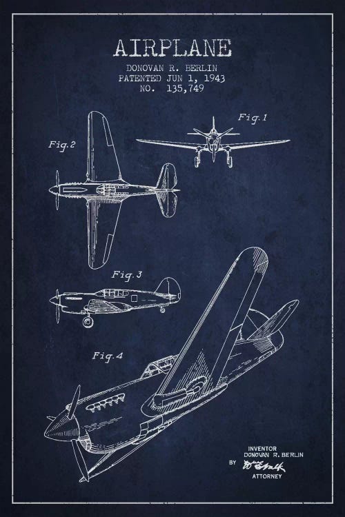 Plane Navy Blue Patent Blueprint by Aged Pixel wall art