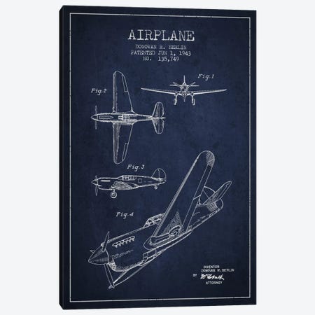 Plane Navy Blue Patent Blueprint Canvas Print #ADP2337} by Aged Pixel Canvas Print