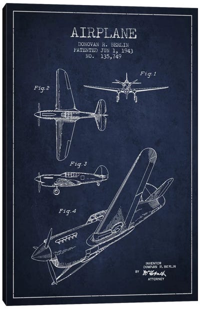 Plane Navy Blue Patent Blueprint Canvas Art Print - Military Aircraft Art