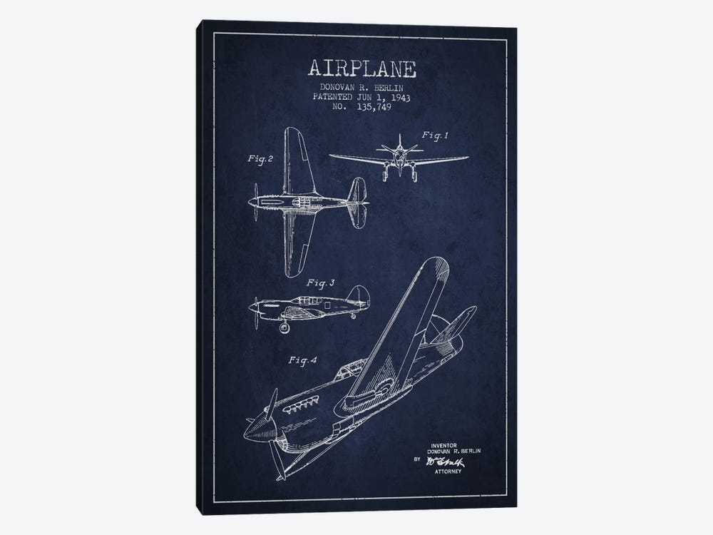 Plane Navy Blue Patent Blueprint by Aged Pixel 1-piece Canvas Wall Art
